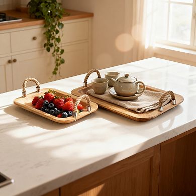 Set of 2 Elevate Interiors Tabari Wood Trays with Mango Wood and Textured Jute Handles