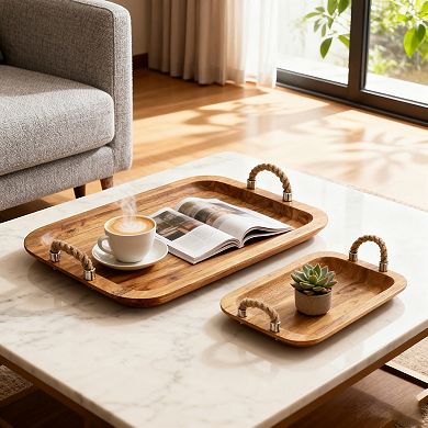 Set of 2 Elevate Interiors Tabari Wood Trays with Mango Wood and Textured Jute Handles