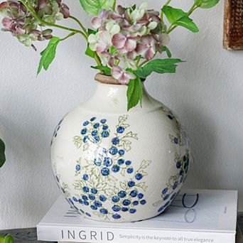 7.9x7.9x7.9" White Ceramic Vase With Blue Berry Motif