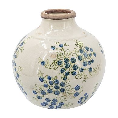 7.9x7.9x7.9" White Ceramic Vase With Blue Berry Motif