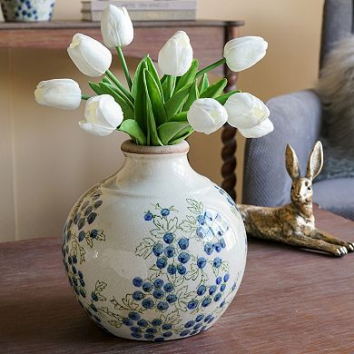 7.9x7.9x7.9" White Ceramic Vase With Blue Berry Motif