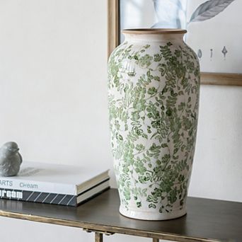 7.7x7.7x14.6" White Ceramic Flower Vase with Green Floral Pattern