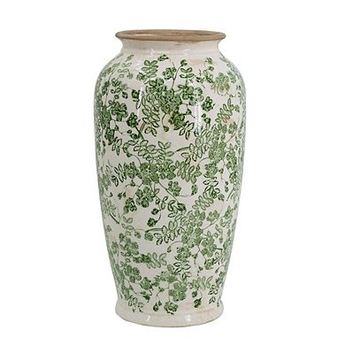 7.7x7.7x14.6" White Ceramic Flower Vase with Green Floral Pattern