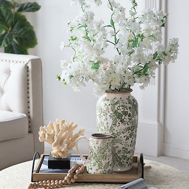 7.7x7.7x14.6" White Ceramic Flower Vase with Green Floral Pattern