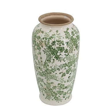 7.7x7.7x14.6" White Ceramic Flower Vase with Green Floral Pattern