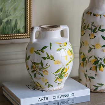 6.7x6.7x8.7" White Ceramic Vase with Yellow Lemon Motif and Small Handles