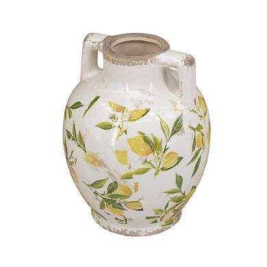 6.7x6.7x8.7" White Ceramic Vase with Yellow Lemon Motif and Small Handles