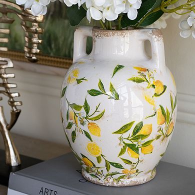 6.7x6.7x8.7" White Ceramic Vase with Yellow Lemon Motif and Small Handles