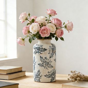 5.7x5.7x12.4" Vintage Inspired White Ceramic Vase with Black Floral Motif