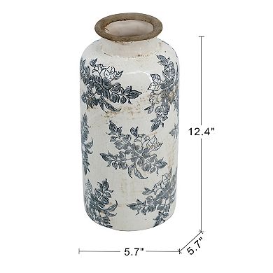 5.7x5.7x12.4" Vintage Inspired White Ceramic Vase with Black Floral Motif