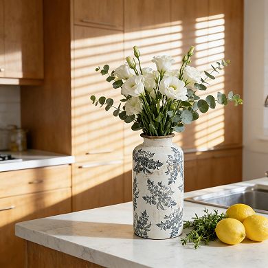 5.7x5.7x12.4" Vintage Inspired White Ceramic Vase with Black Floral Motif