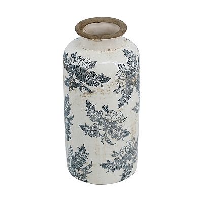 5.7x5.7x12.4" Vintage Inspired White Ceramic Vase with Black Floral Motif