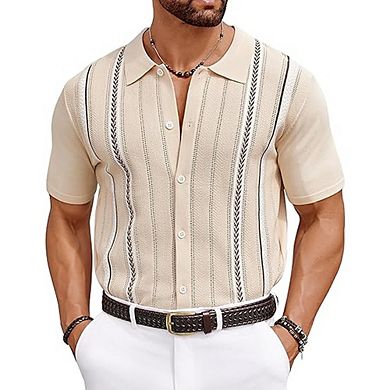 Men’s Knit Button-Down Shirt Short Sleeve Stretch Collared Summer Casual