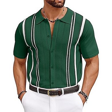 Men’s Knit Button-Down Shirt Short Sleeve Stretch Collared Summer Casual