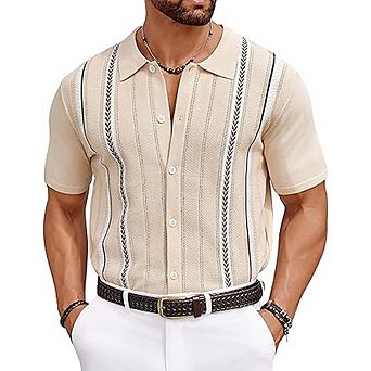 Men’s Knit Button-Down Shirt Short Sleeve Stretch Collared Summer Casual