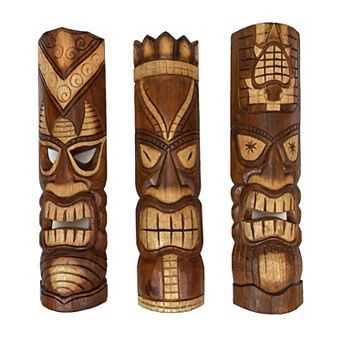 24 Inch Hand Carved Tiki Mask Wall Decor Tropical Beach Home Hanging Art Set of 3