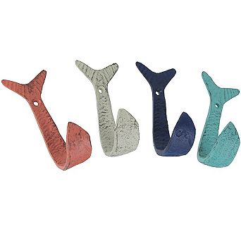 Set of 4 Coastal Beach Colored Cast Iron Flipping Fish Decorative Wall Hooks