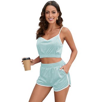 Womens 2 Set Sweetheart Thin Strap Workout Tank Tops with Soft Casual Lounge Shorts High Waist