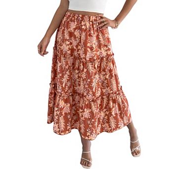 Women's Boho Floral Print Tiered Ruffle Midi Skirt, High Waist A-Line Flowy Beach Skirt