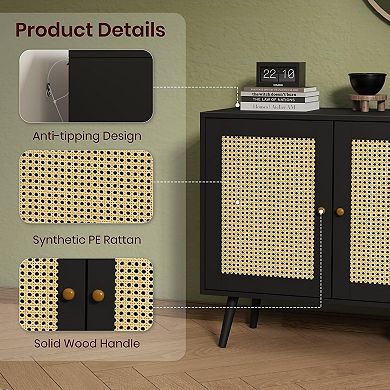 Rattan Buffet Storage Cabinet with Adjustable Shelves Sideboard for Kitchen Living Room