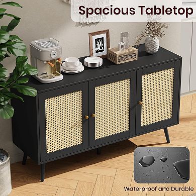 Rattan Buffet Storage Cabinet with Adjustable Shelves Sideboard for Kitchen Living Room