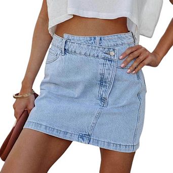 Women's Asymmetrical Waist Irregular Denim Mini Skirt, Light Wash Street Style Jean Skirt