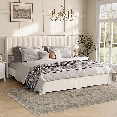 Velvet Upholstered Wingback Bed Frame 2 Storage Drawers, No Box Spring Needed, Easy Assembly