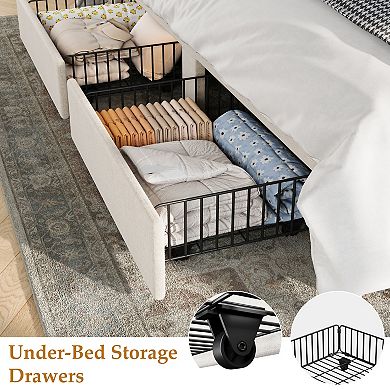 Velvet Upholstered Wingback Bed Frame 2 Storage Drawers, No Box Spring Needed, Easy Assembly