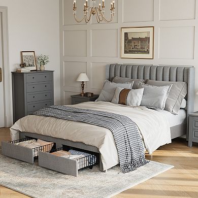 Velvet Upholstered Wingback Bed Frame 2 Storage Drawers, No Box Spring Needed, Easy Assembly
