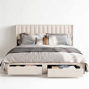 Velvet Upholstered Wingback Bed Frame 2 Storage Drawers, No Box Spring Needed, Easy Assembly