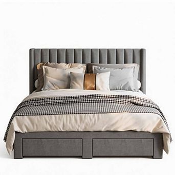 Velvet Upholstered Wingback Bed Frame 2 Storage Drawers, No Box Spring Needed, Easy Assembly