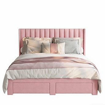 Velvet Upholstered Wingback Bed Frame 2 Storage Drawers, No Box Spring Needed, Easy Assembly