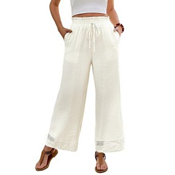 Women's Boho Lace Wide Leg Palazzo Pants Casual Drawstring Elastic Waist Summer Beach Vacation Pants