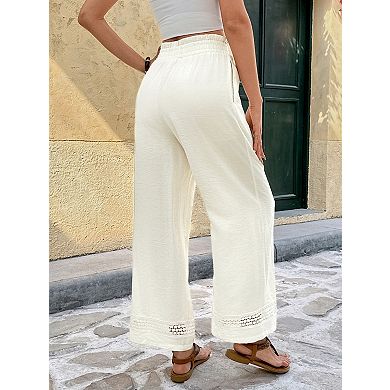 Women's Boho Lace Wide Leg Palazzo Pants Casual Drawstring Elastic Waist Summer Beach Vacation Pants
