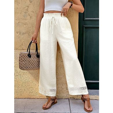 Women's Boho Lace Wide Leg Palazzo Pants Casual Drawstring Elastic Waist Summer Beach Vacation Pants