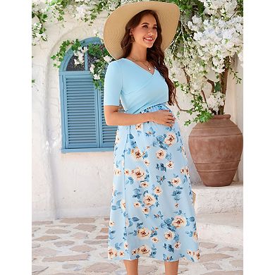 Women's Maternity V Neck Short Sleeve Midi Dress