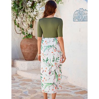 Women's Maternity Short Sleeve V Neck Printed Midi Dress