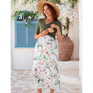 Women's Maternity Short Sleeve V Neck Printed Midi Dress