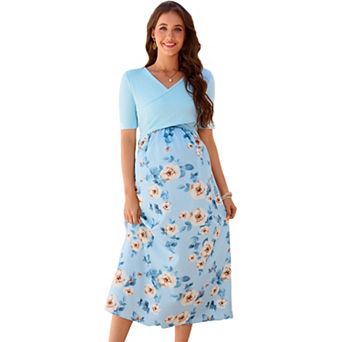 Women's Maternity Short Sleeve V Neck Printed Midi Dress