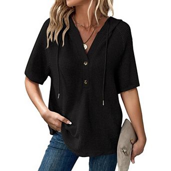 Women's Short Sleeve Waffle Drawstring Hoodie V Neck Button Top T-Shirts