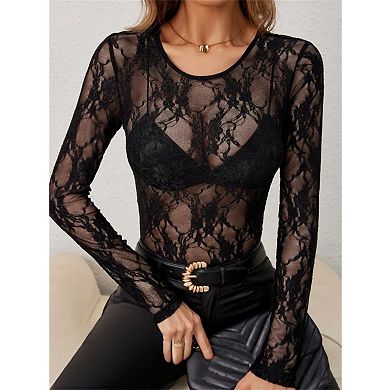 Women's Single Layer Lace Slim Fit Round Neck Long Sleeve Blouse T-Shirts
