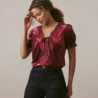 Petite LC Lauren Conrad Lace Trim Puff Sleeve Top