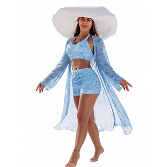 Women's Three Piece Printed Swimwear Set Top Shorts Cover Up