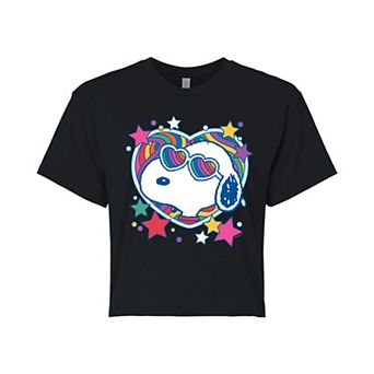 Juniors' Peanuts Snoopy Groovy Heart Cropped Tee