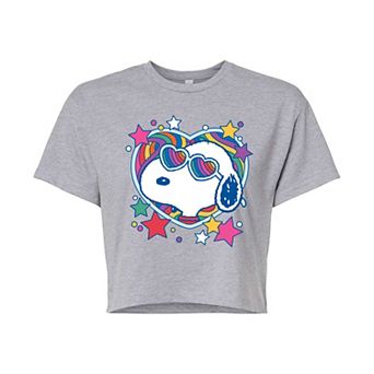 Juniors' Peanuts Snoopy Groovy Heart Cropped Tee