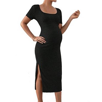Women's Maternity Ribbed Knit Bodycon Dress Short Sleeve Square Neck Form-Fitting Midi Dress