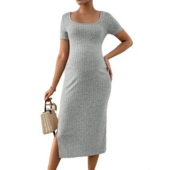 Women's Maternity Short Sleeve Ribbed Knit Bodycon Dress Square Neck Form-Fitting Midi Dress