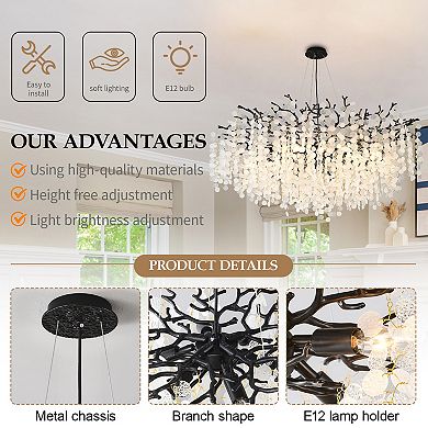 BAOURE Iron Tree Branch Chandelier Textured Glass Leaf Ceiling Fixture For Dining Room