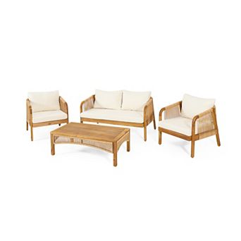 4 pc Acacia Wood Patio Conversation Set with Wicker Accents, Coffee Table & Beige Cushions
