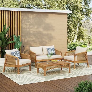 4-Piece Acacia Wood Patio Conversation Set with Wicker Accents, Coffee Table & Beige Cushions